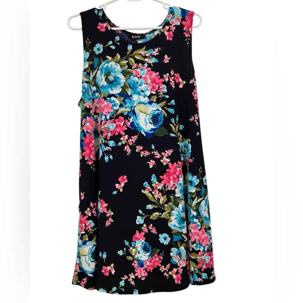 Floral A-Line Mini Dress - Black with Blue and Pink Accents - Picture 1 of 4